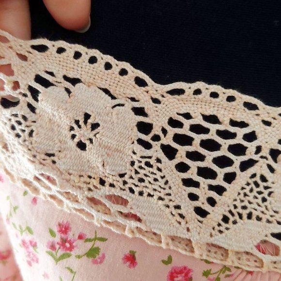 Vintage Ditsy Floral Long Sleeve Print Feminine Square Neck Lace Trim - Picture 7 of 16